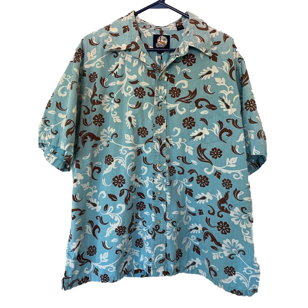Reyn Spooner Shirt Button Down Floral Print Blue Brown Cotton XL